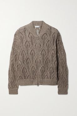 Sequin-embellished Open-knit Linen-blend Cardigan - Mushroom