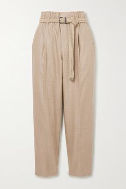 Belted Cropped Linen-blend Straight-leg Pants - Light brown