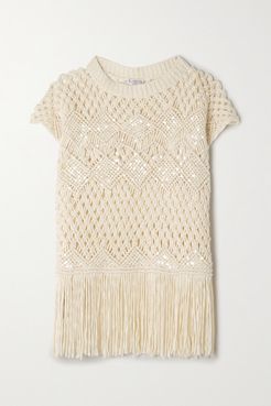 Sequin-embellished Fringed Macramé Linen And Silk-blend Top - Cream