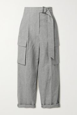 Belted Cropped Wool And Linen-blend Straight-leg Pants - Gray