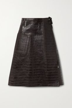 Croc-effect Leather Wrap Skirt - Chocolate