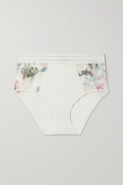 Nufit Jersey And Floral-print Stretch-tulle Briefs - White