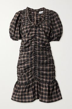 Ruffled Ruched Checked Organic Cotton-blend Seersucker Mini Dress - Black