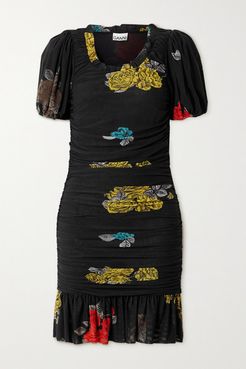 Ruffled Ruched Floral-print Mesh Mini Dress - Black