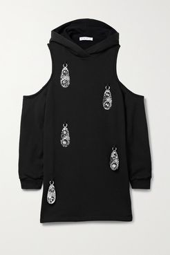 Hooded Cold-shoulder Embellished Cotton-jersey Mini Dress - Black