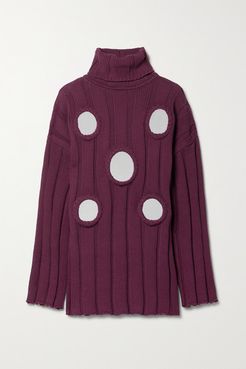 Oversized Embellished Ribbed Cotton-blend Turtleneck Sweater - Burgundy