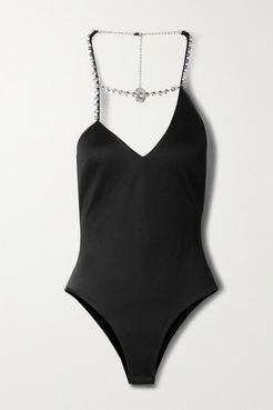 Asymmetric Crystal-embellished Stretch-piqué Halterneck Bodysuit - Black