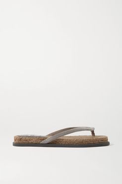 Beaded Leather Espadrille Flip Flops - Brown