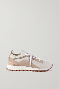 Bead-embellished Stretch-knit And Suede Sneakers - Light gray