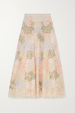 Elin Sequin-embellished Embroidered Tulle Midi Skirt - Peach