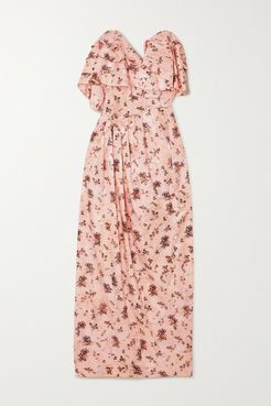 Novella Strapless Ruffled Floral-print Satin-jacquard Dress - Peach