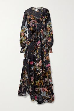 Elda Asymmetric Floral-print Devoré-satin Dress - Black