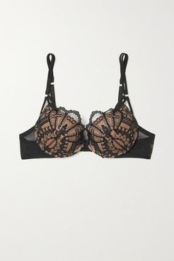 Rose Noir Embroidered Tulle And Satin Underwired Bra - Black