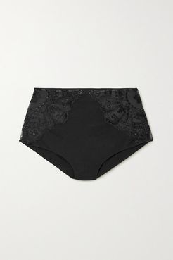 Rose Noir Embroidered Tulle And Strech-jersey Briefs - Black
