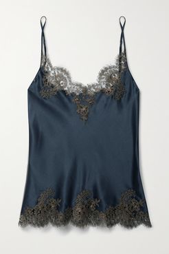 Hôtel Particulier Chantilly Lace-trimmed Silk-blend Satin Camisole - Midnight blue