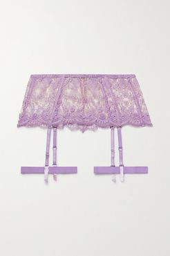 À La Rose Satin-trimmed Embroidered Tulle Suspender Belt - Lilac