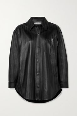 Oversized Pinstriped Leather Shirt - Black