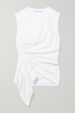 Asymmetric Gathered Cotton-jersey Top - White