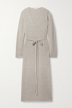 Belted Ribbed Mélange Wool And Cashmere-blend Midi Dress - Beige