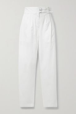 Dallas Belted Pleated Stretch-cotton Poplin Tapered Pants - White