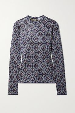 Metallic Jacquard-knit Sweater - Navy