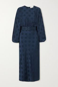 Nour Belted Polka-dot Satin-jacquard Midi Dress - Navy