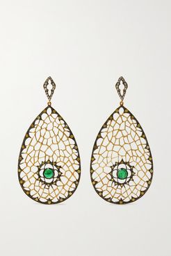 Spiderweb 18-karat Rhodium Gold, Emerald And Diamond Earrings