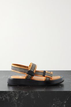 Leather-trimmed Striped Canvas Sandals - Beige