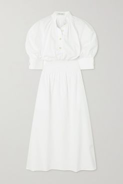Aurora Shirred Cotton-poplin Midi Shirt Dress - White