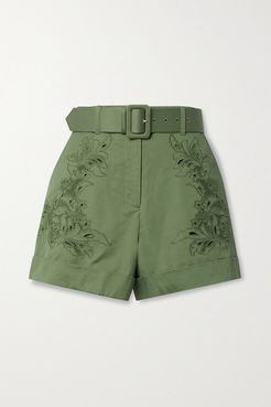Belted Broderie Anglaise Cotton-twill Shorts - Army green