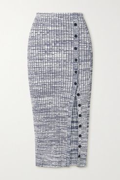 Button-embellished Mouline Ribbed-knit Midi Skirt - Navy