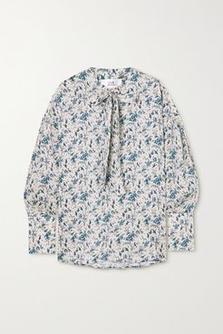 Tie-neck Printed Recycled Twill Blouse - Blue