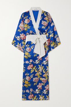 Queenie Floral-print Silk-satin Robe - Blue