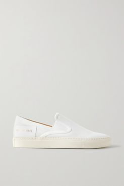 Leather-trimmed Canvas Slip-on Sneakers - White