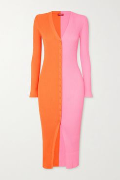 Shoko Two-tone Ribbed Stretch-knit Cardigan - Orange