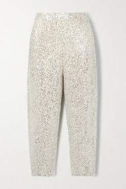 Cropped Sequined Cashmere And Silk-blend Track Pants - Cream