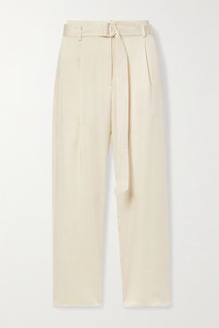 Belted Washed-satin Straight-leg Pants - Cream