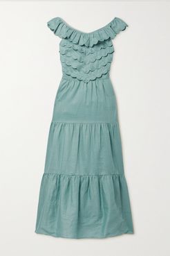 Shannon Open-back Scalloped Tiered Ramie Midi Dress - Gray green