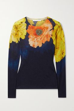 Floral-print Cashmere And Silk-blend Sweater - Navy