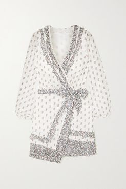 Kierra Ruffled Floral-print Cotton-voile Mini Wrap Dress - White