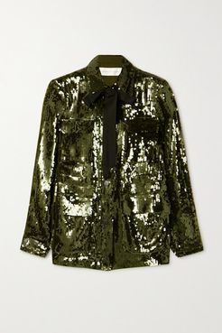 Oriana Tie-detailed Sequined Crepe Jacket - Army green