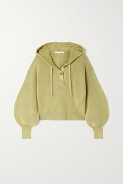 Ursina Pointelle-trimmed Ribbed Cotton Hoodie - Green