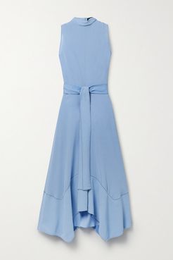 Asymmetric Belted Silk-georgette Midi Dress - Light blue