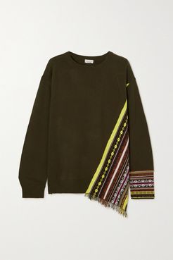 Fringed Jacquard-knit Cashmere-blend Sweater - Army green