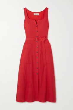 Bibba Belted Cotton And Linen-blend Midi Dress - Red