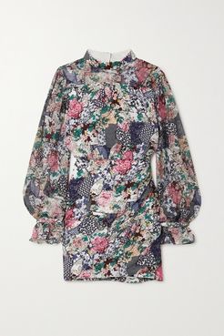 Rina Floral-print Silk-jacquard Mini Dress - Navy
