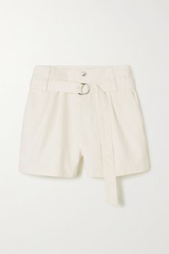 Belted Pleated Denim Shorts - White