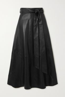 Belted Leather Wrap Midi Skirt - Black
