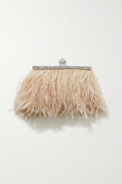 Celeste Crystal-embellished Feather-trimmed Satin Clutch - Antique rose