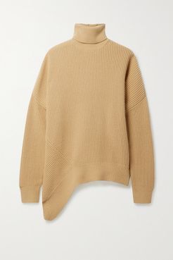 Asymmetric Ribbed Cashmere Turtleneck Sweater - Sand